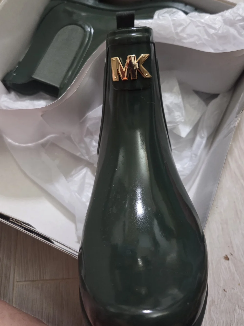 Michael Kors Dark Green Jelly Rain Boots with Gold MK Logo